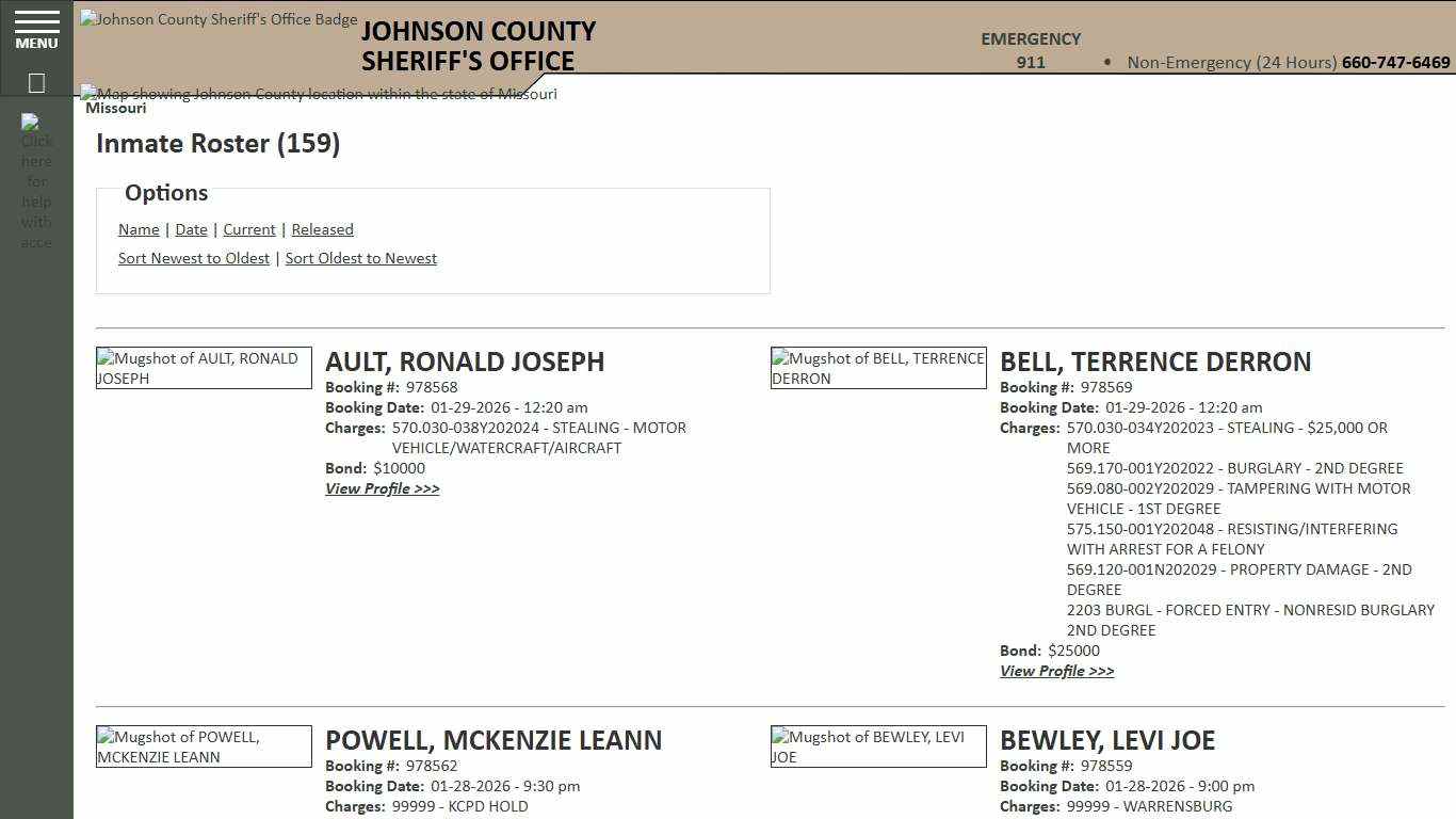 Inmate Roster - Current Inmates Booking Date Descending - Johnson County Sheriff MO