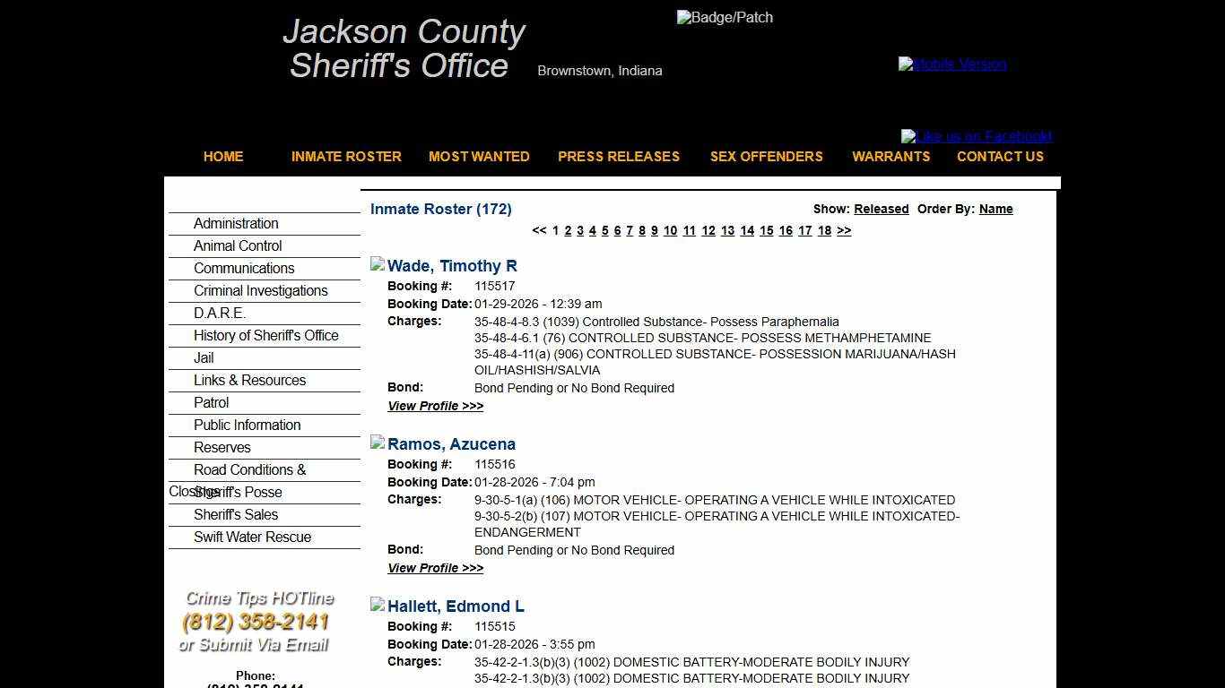 Inmate Roster - Current Inmates Booking Date Descending - Jackson County IN Sheriff